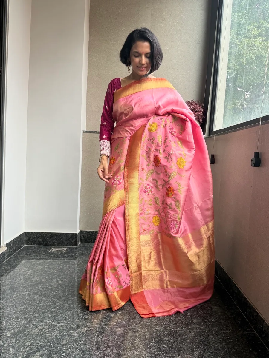 Pink Tissue Katan Silk Multi-Meena Kaduwa Banarasi Saree — Banarasi, Tissue Katan Silk, Varanasi, Uttar Pradesh, view 3