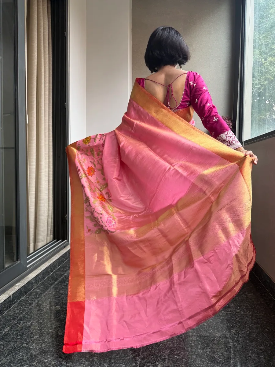 Pink Tissue Katan Silk Multi-Meena Kaduwa Banarasi Saree — Banarasi, Tissue Katan Silk, Varanasi, Uttar Pradesh, view 7