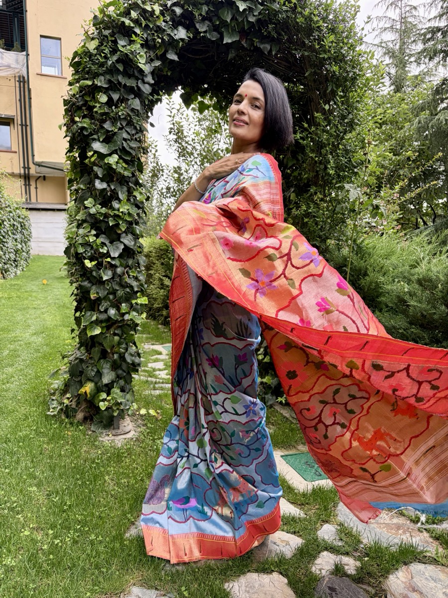 Powder Blue Tissue Silk Jamdani Paithani Saree — Paithani, Tissue Silk, Yeola, Maharashtra