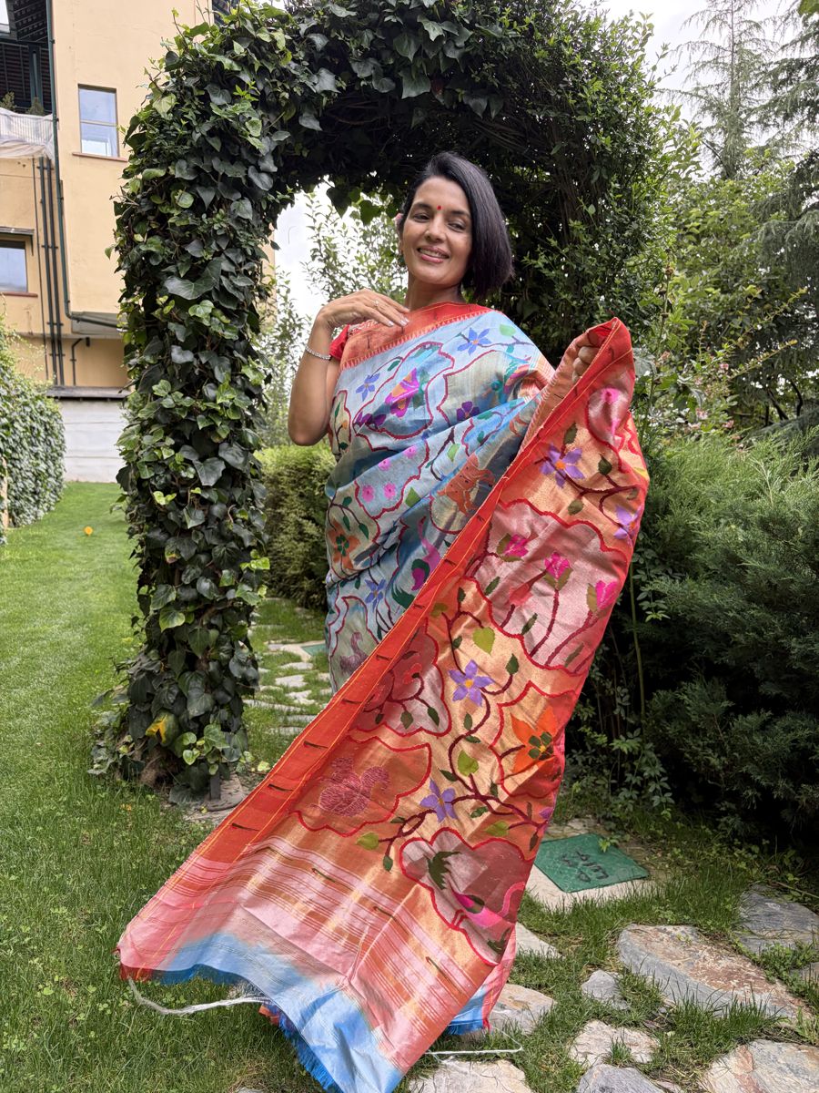 Powder Blue Tissue Silk Jamdani Paithani Saree — Paithani, Tissue Silk, Yeola, Maharashtra, view 4