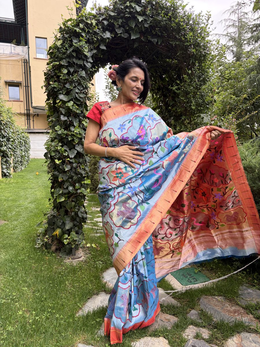 Powder Blue Tissue Silk Jamdani Paithani Saree — Paithani, Tissue Silk, Yeola, Maharashtra, view 5
