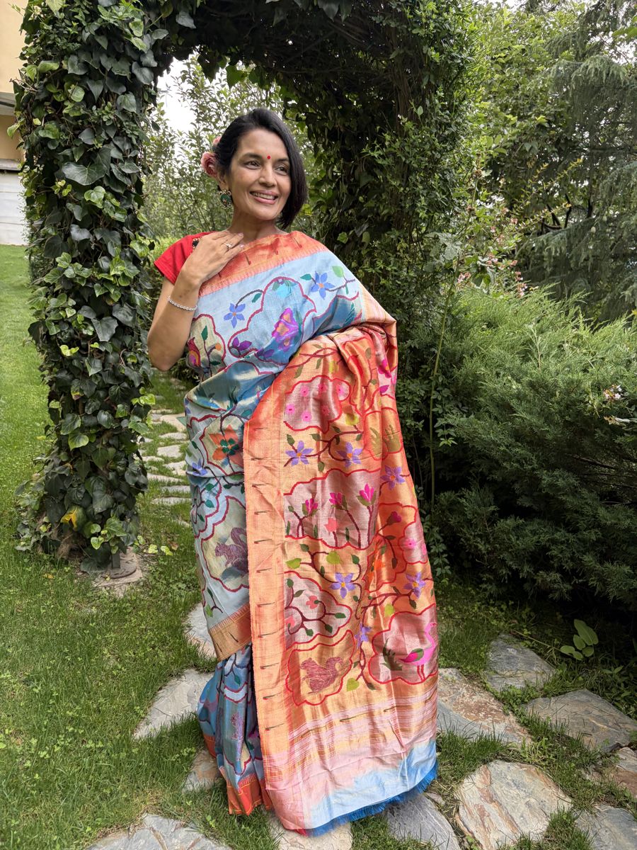 Powder Blue Tissue Silk Jamdani Paithani Saree — Paithani, Tissue Silk, Yeola, Maharashtra, view 2