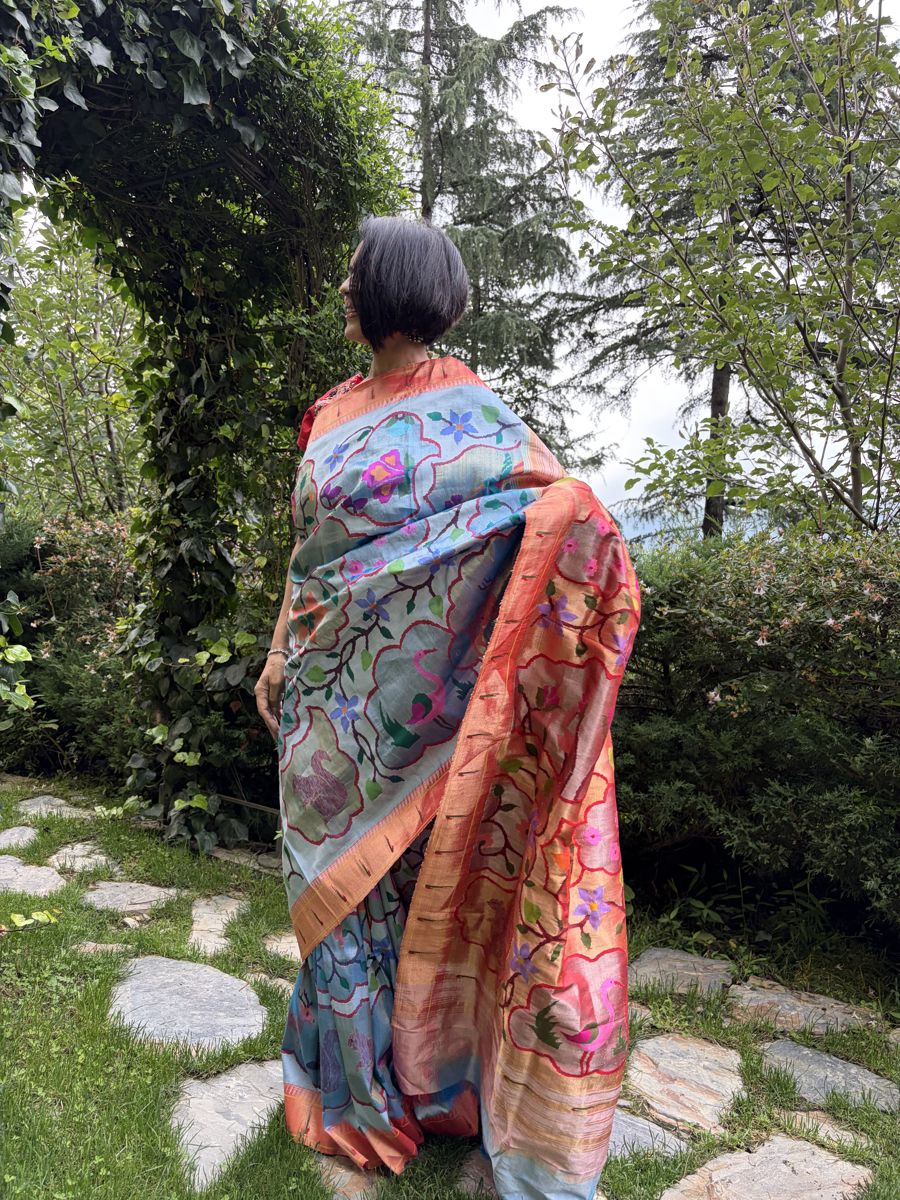 Powder Blue Tissue Silk Jamdani Paithani Saree — Paithani, Tissue Silk, Yeola, Maharashtra, view 3
