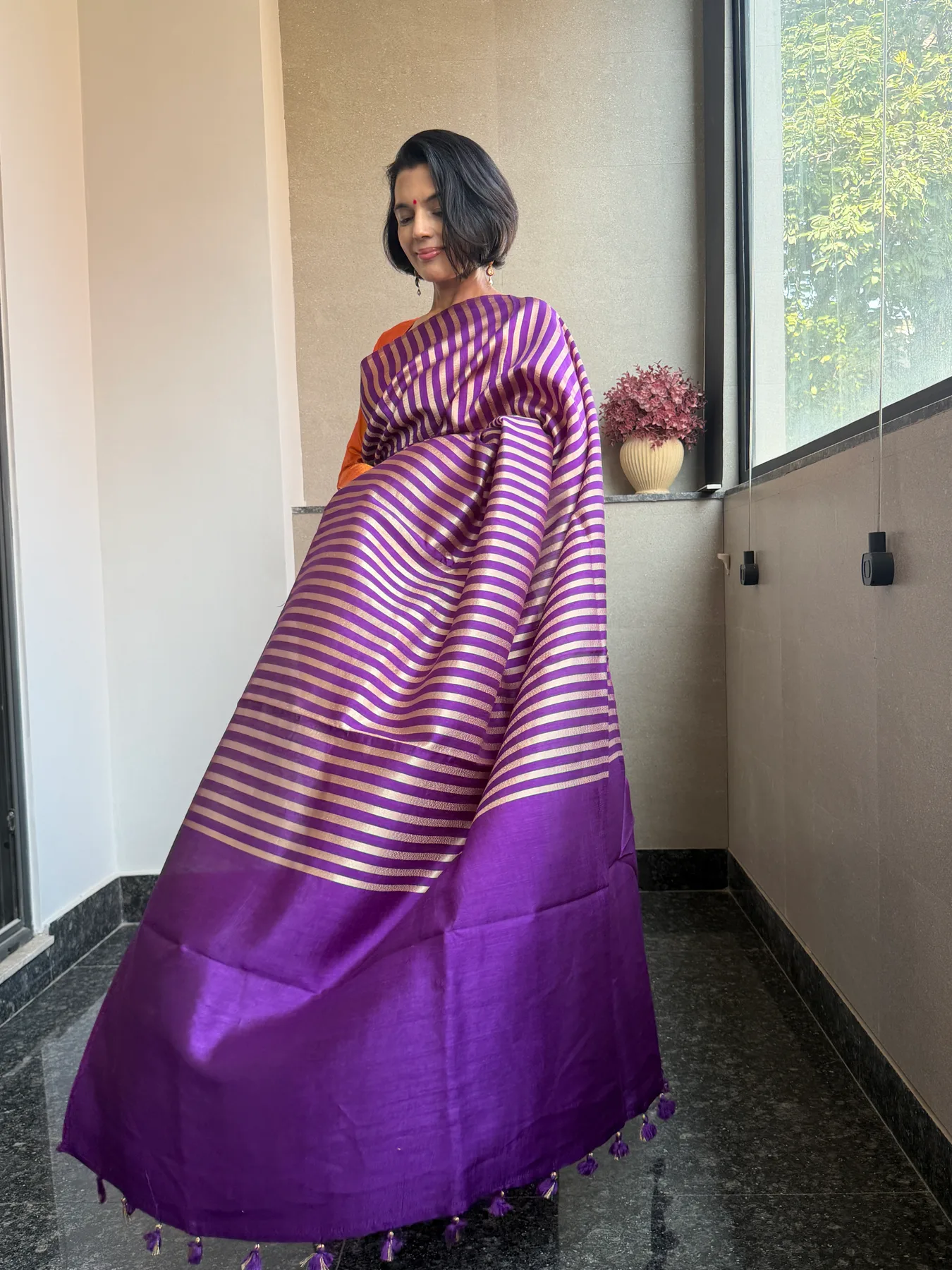 Purple Borderless Striped Katan Silk Zari Banarasi Saree — Banarasi, Katan Silk, view 6