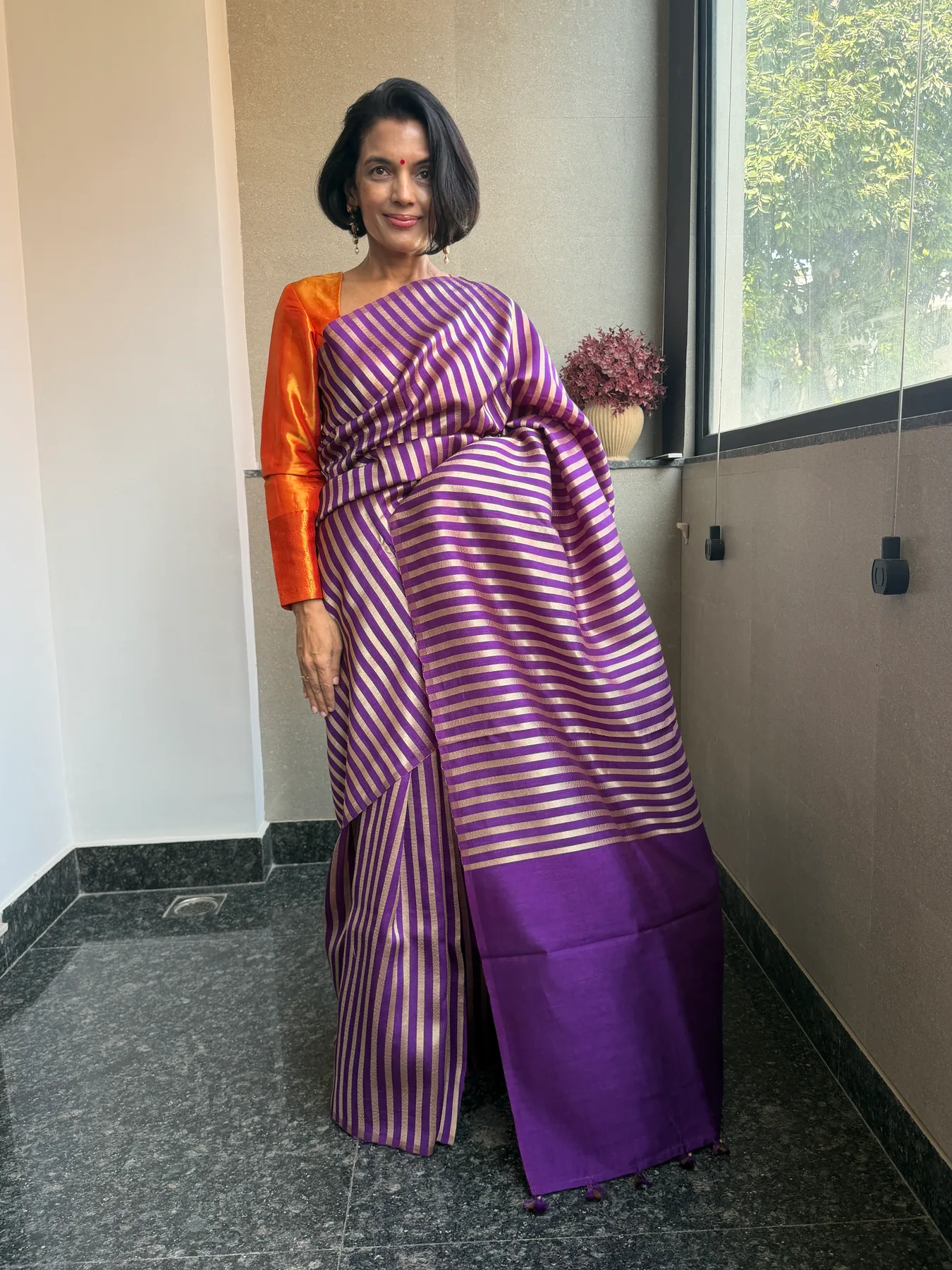 Purple Borderless Striped Katan Silk Zari Banarasi Saree — Banarasi, Katan Silk, view 2