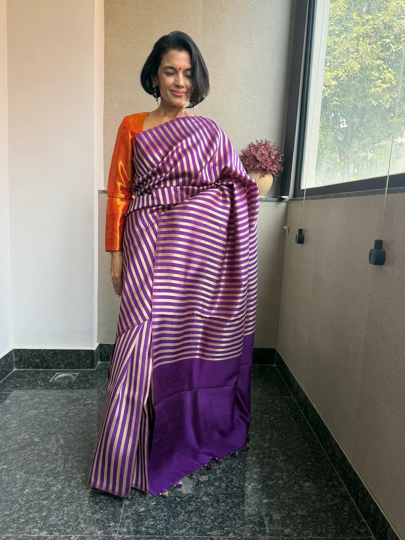 Purple Borderless Striped Katan Silk Zari Banarasi Saree — Banarasi, Katan Silk, view 5