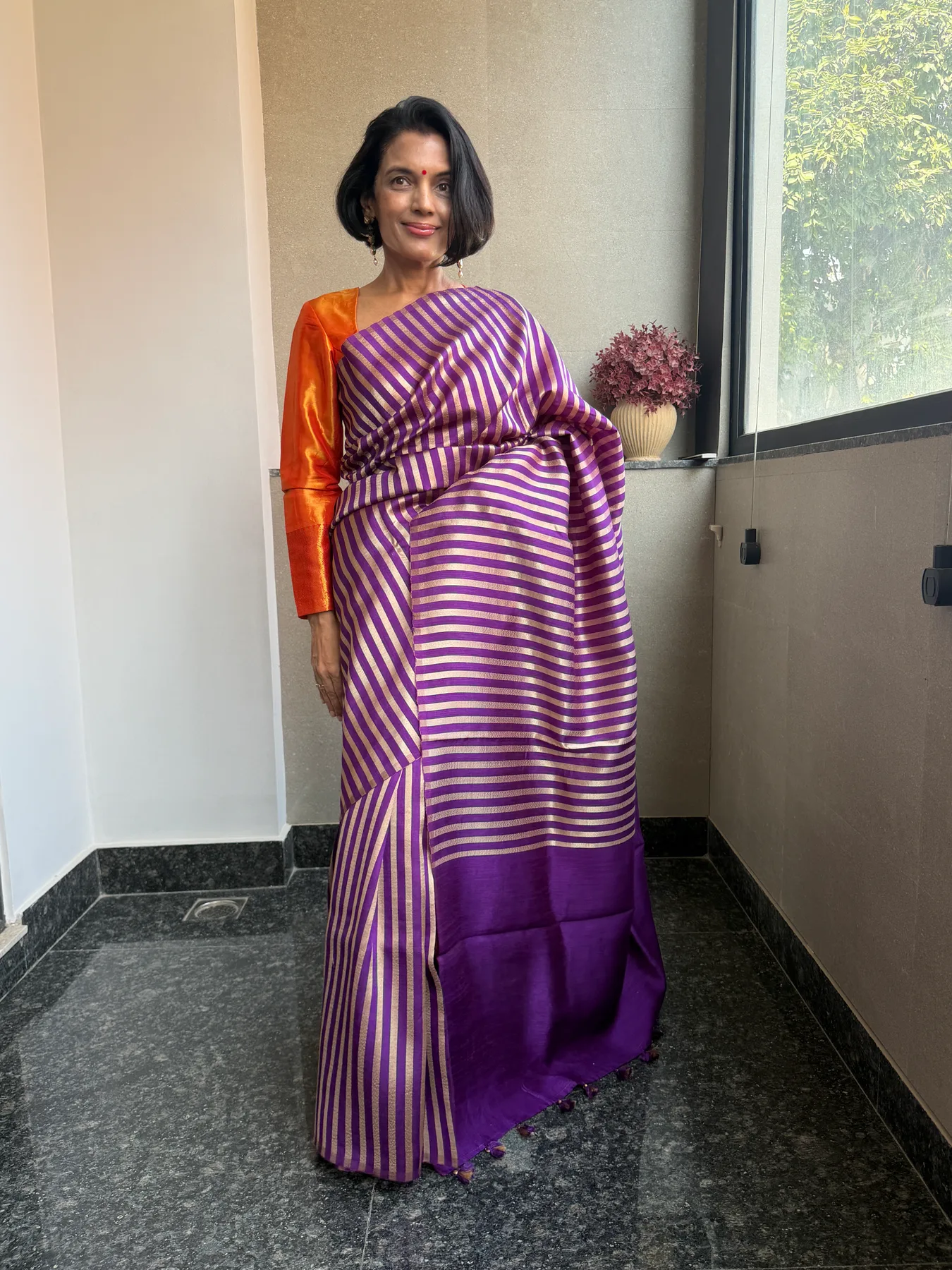 Purple Borderless Striped Katan Silk Zari Banarasi Saree — Banarasi, Katan Silk