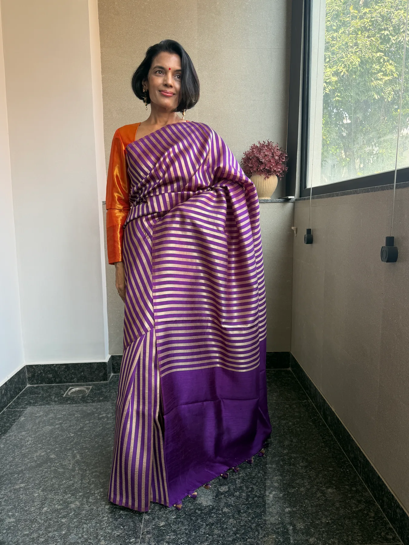 Purple Borderless Striped Katan Silk Zari Banarasi Saree — Banarasi, Katan Silk, view 4