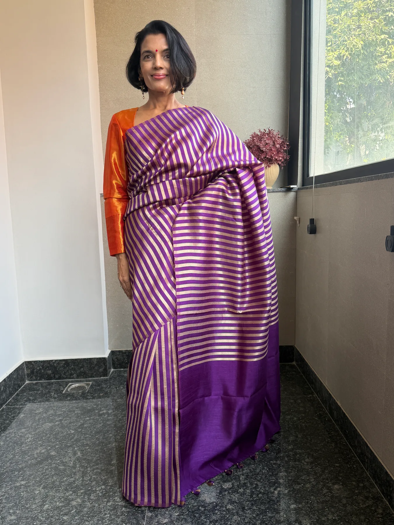 Purple Borderless Striped Katan Silk Zari Banarasi Saree — Banarasi, Katan Silk, view 3
