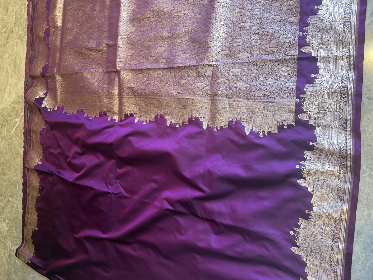 Purple Mushroo Silk Banarasi Saree — Kashi Assi Ghat — Banarasi, Mushroo Silk, Varanasi, Uttar Pradesh, view 11