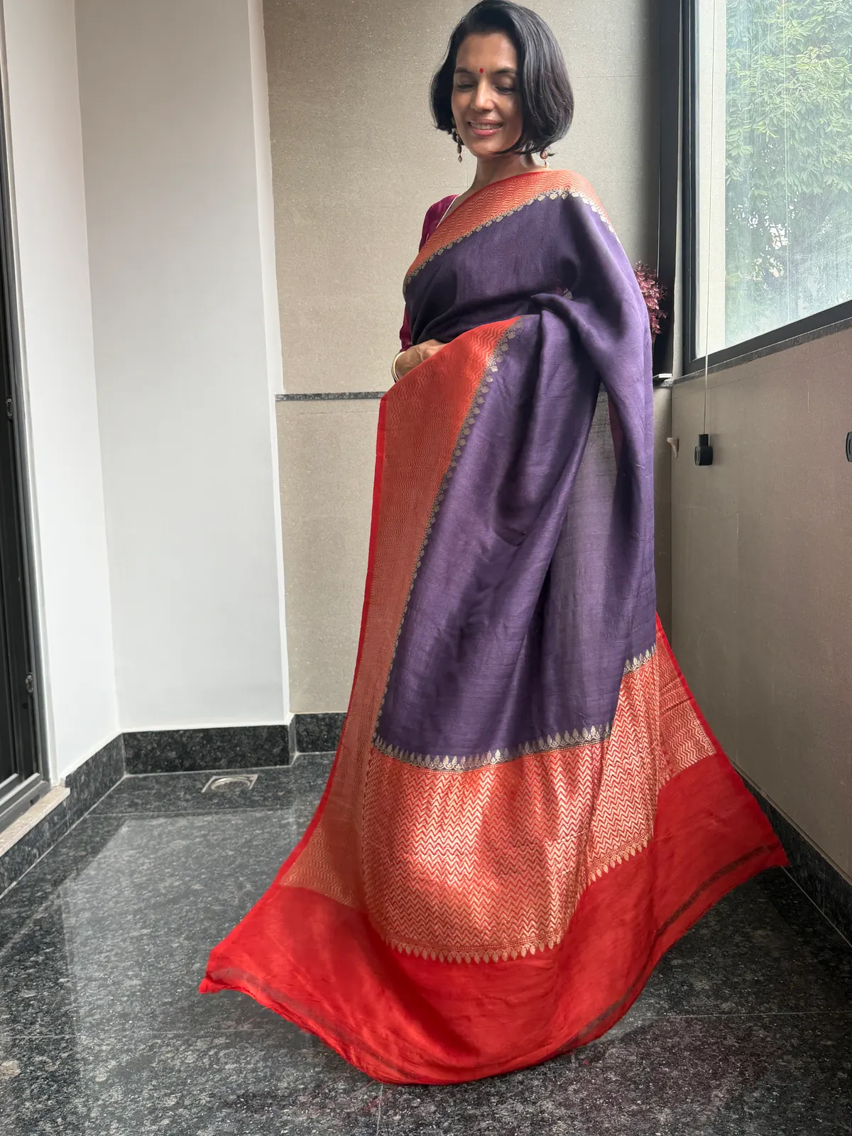 Purple Pure Tussar Silk Kaduwa Banarasi Saree with Contrast Border — Banarasi, Pure Tussar Silk, Varanasi, Uttar Pradesh, view 2