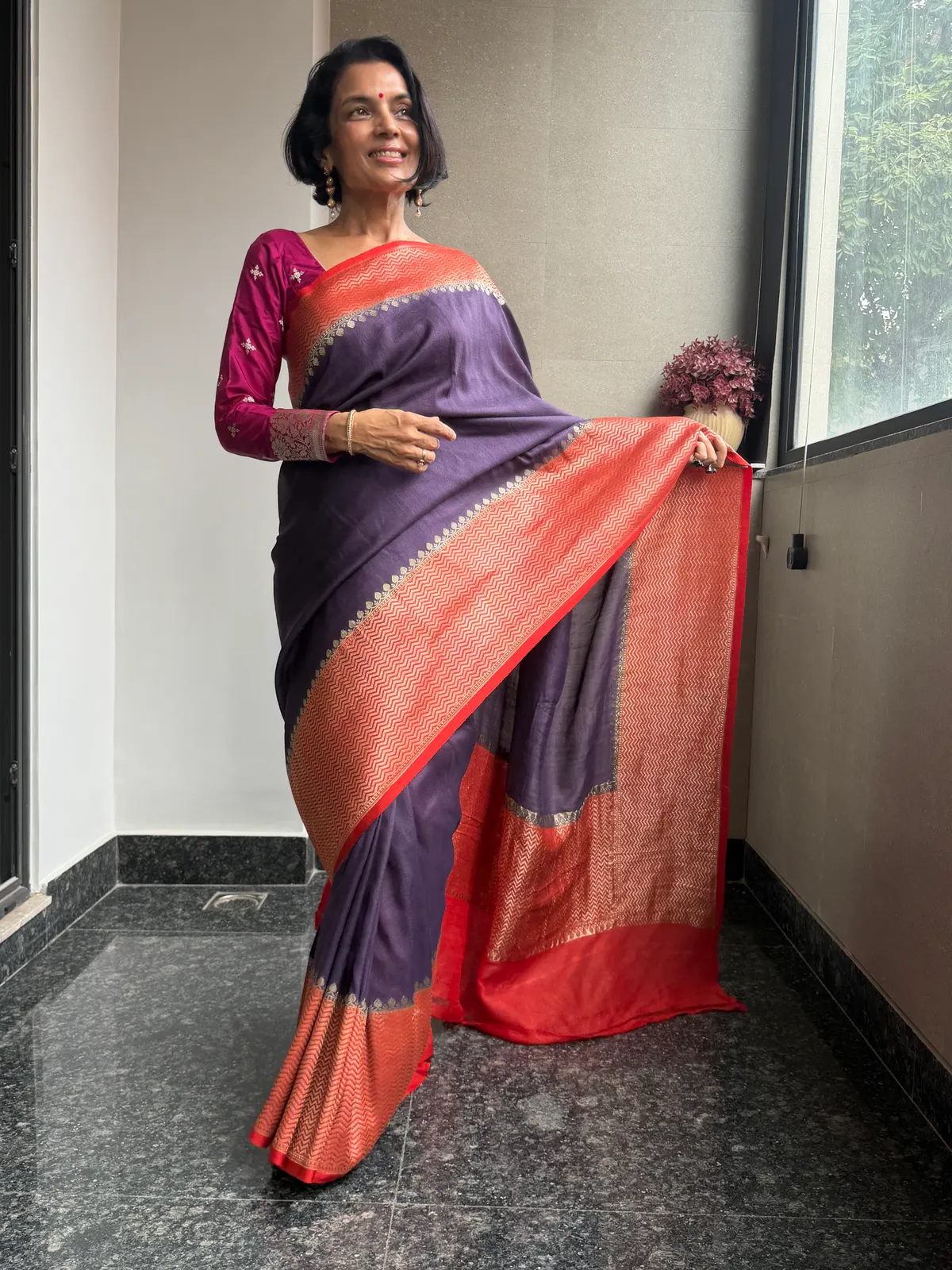 Purple Pure Tussar Silk Kaduwa Banarasi Saree with Contrast Border — Banarasi, Pure Tussar Silk, Varanasi, Uttar Pradesh