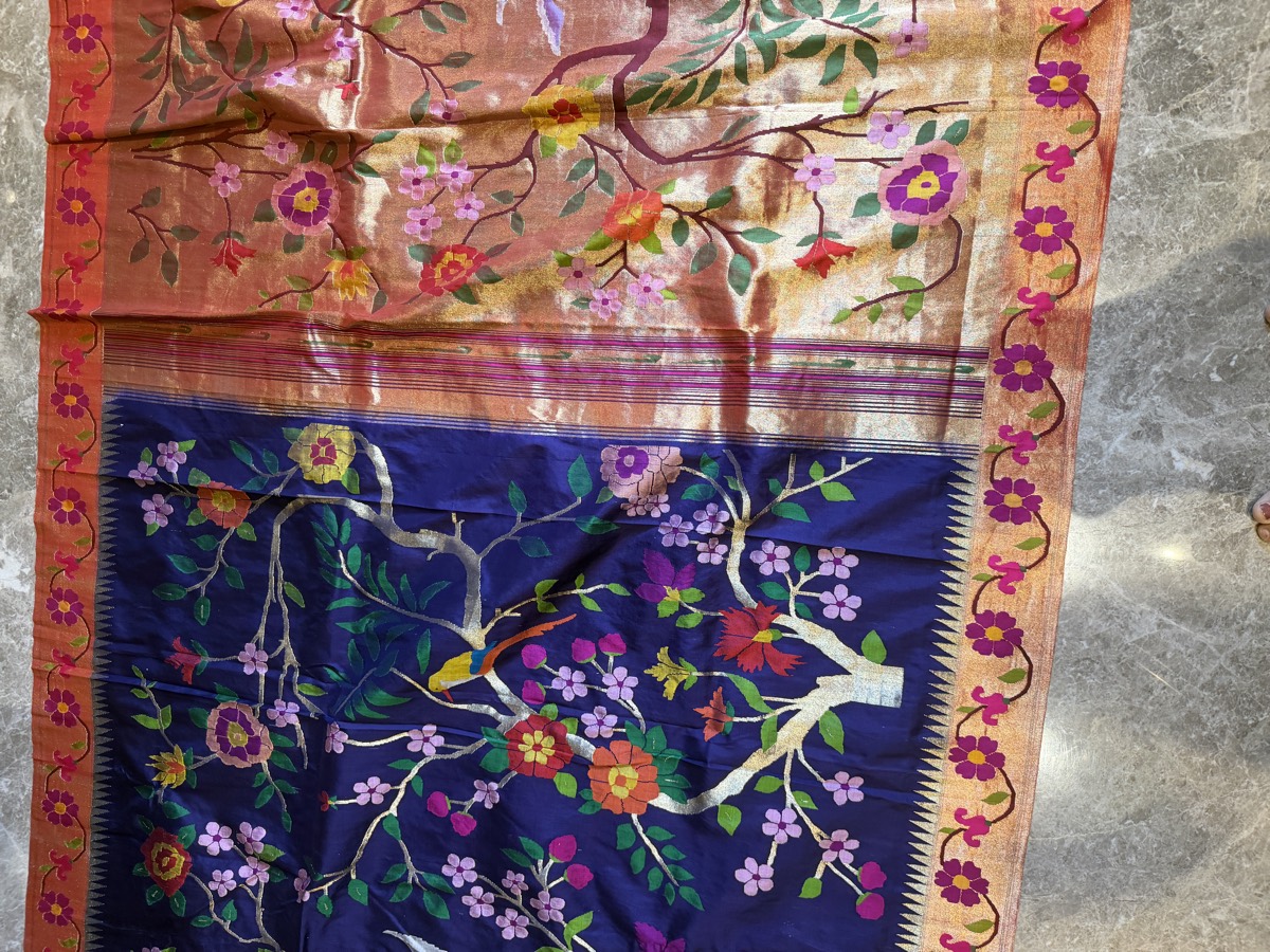 Royal Blue Silk Brocade Meenakari Jaal Paithani Saree — Paithani, Pure Silk, Yeola, Maharashtra, view 12