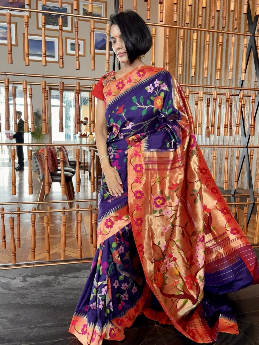 Royal Blue Silk Brocade Meenakari Jaal Paithani Saree — Paithani, Pure Silk, Yeola, Maharashtra, view 8