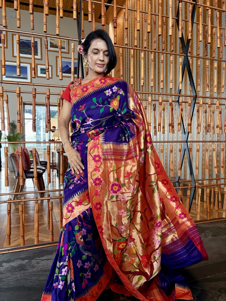 Royal Blue Silk Brocade Meenakari Jaal Paithani Saree — Paithani, Pure Silk, Yeola, Maharashtra, view 7