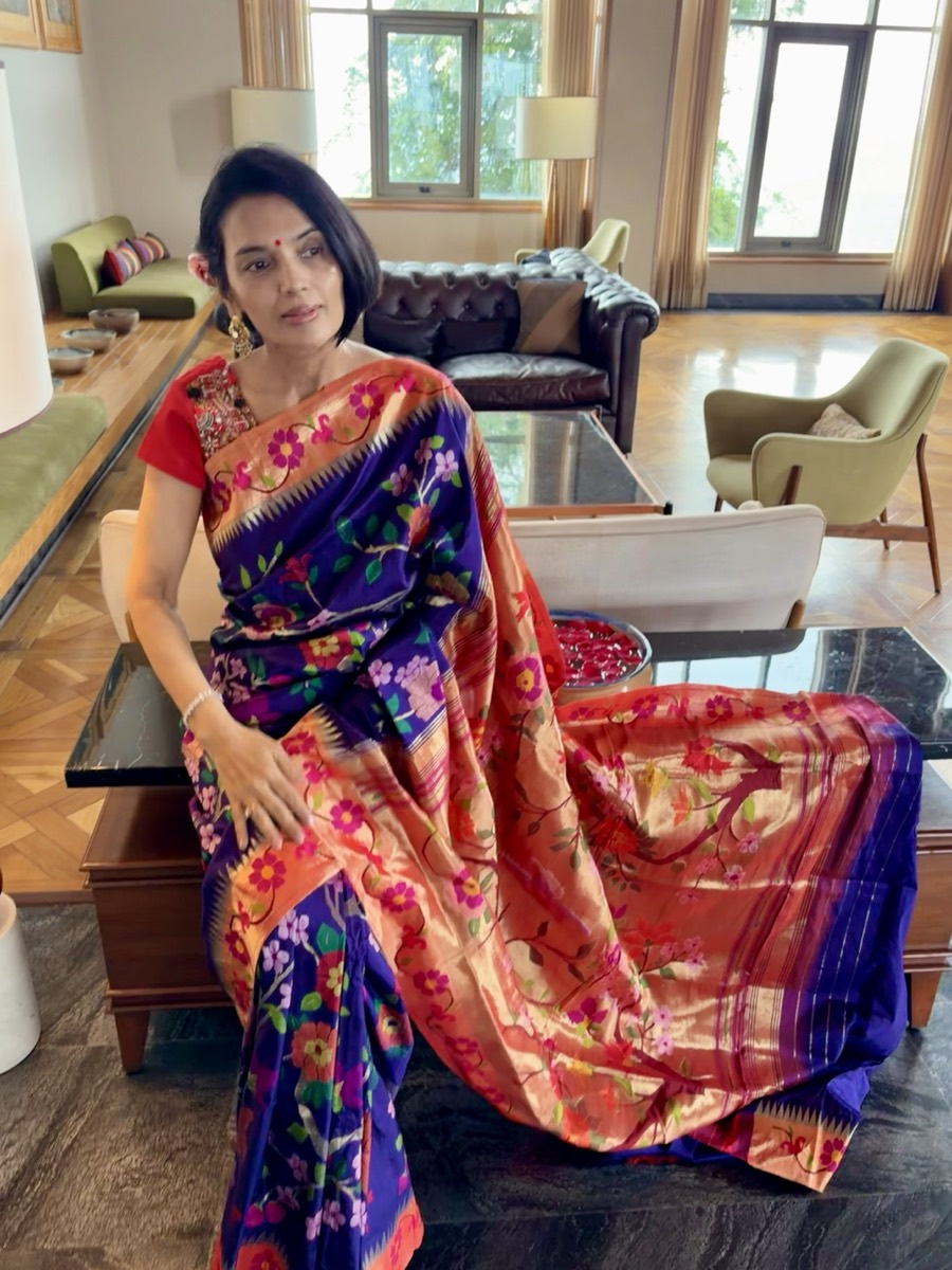 Royal Blue Silk Brocade Meenakari Jaal Paithani Saree — Paithani, Pure Silk, Yeola, Maharashtra, view 4