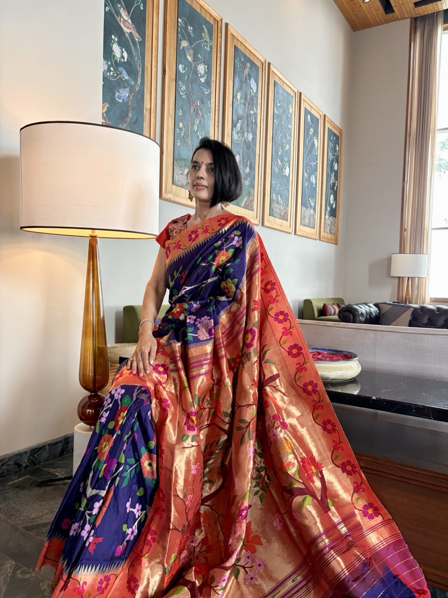 Royal Blue Silk Brocade Meenakari Jaal Paithani Saree — Paithani, Pure Silk, Yeola, Maharashtra, view 5