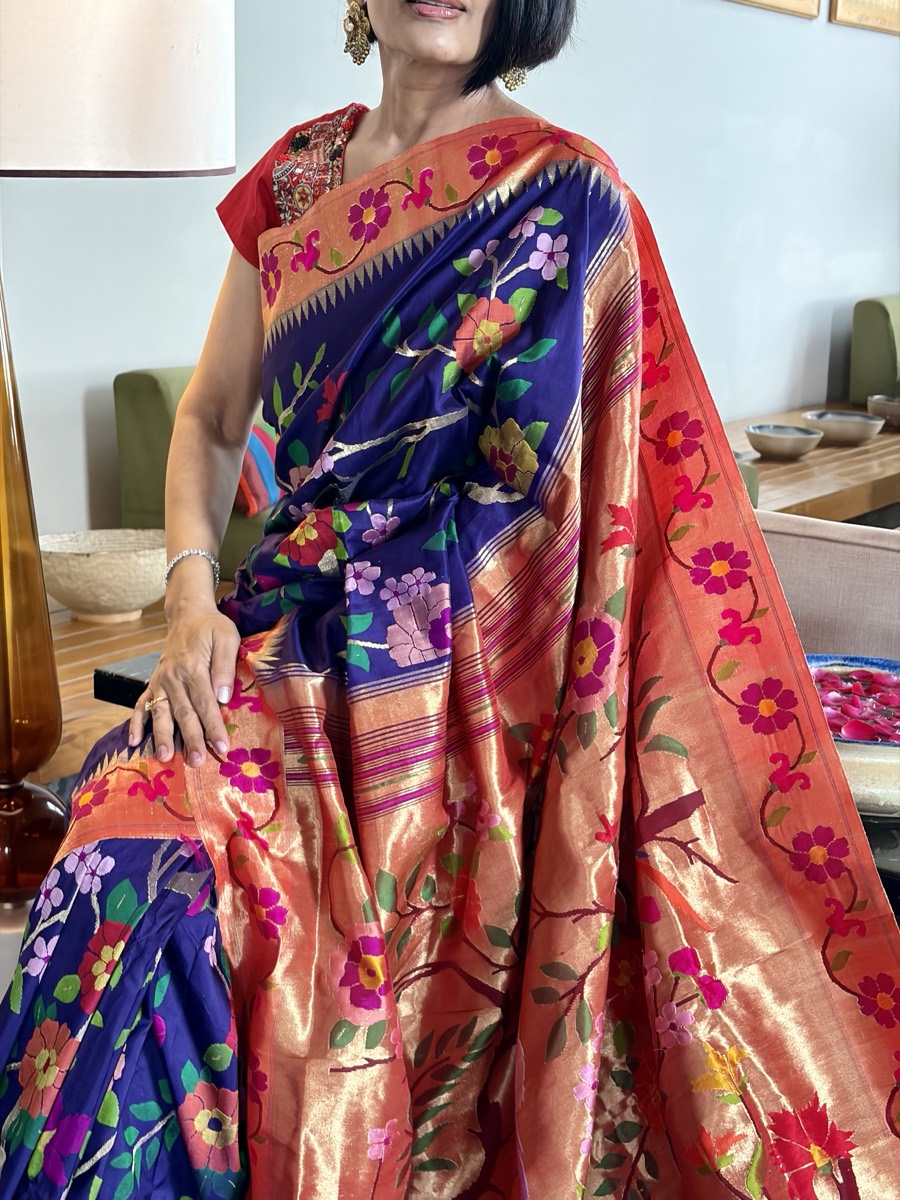 Royal Blue Silk Brocade Meenakari Jaal Paithani Saree — Paithani, Pure Silk, Yeola, Maharashtra, view 9