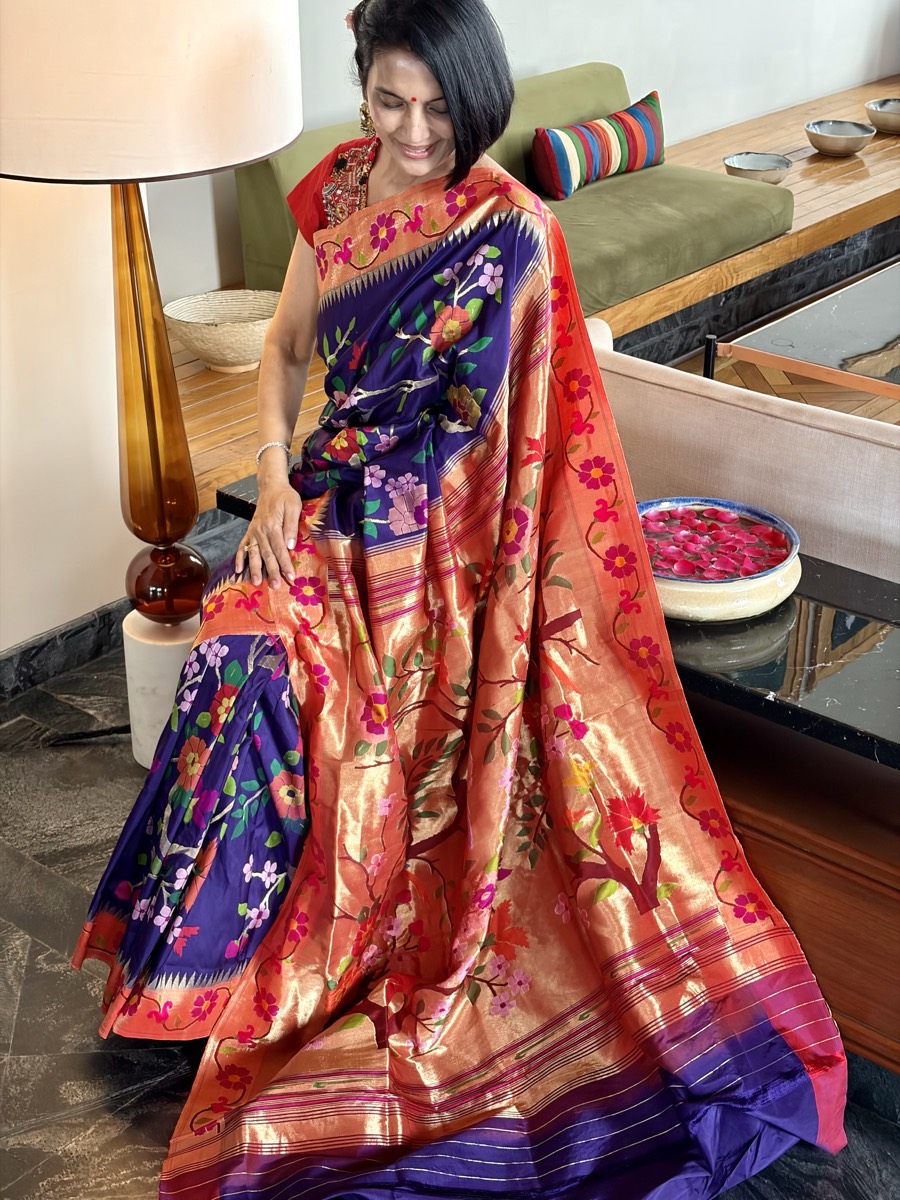 Royal Blue Silk Brocade Meenakari Jaal Paithani Saree — Paithani, Pure Silk, Yeola, Maharashtra, view 6