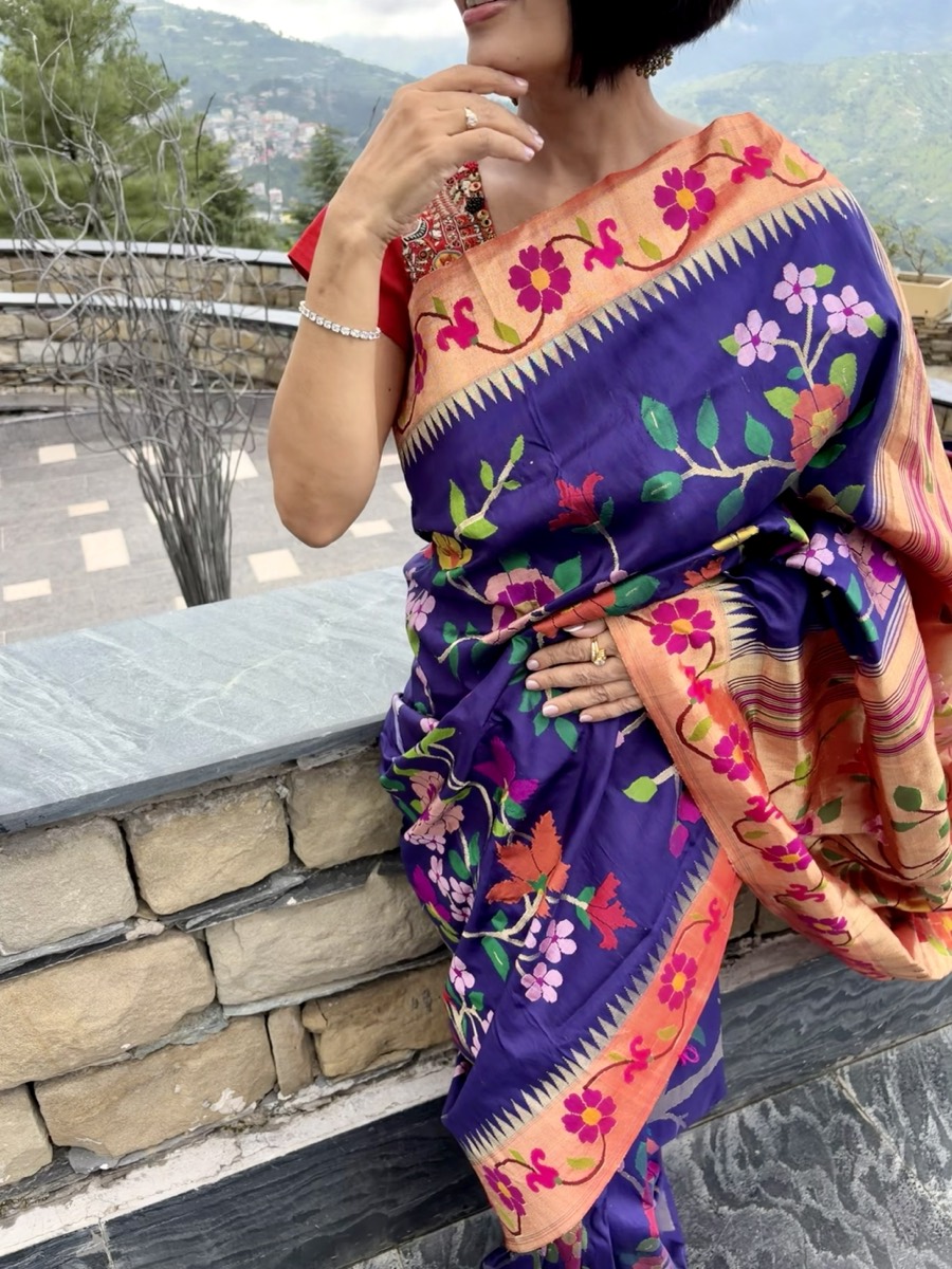 Royal Blue Silk Brocade Meenakari Jaal Paithani Saree — Paithani, Pure Silk, Yeola, Maharashtra, view 10