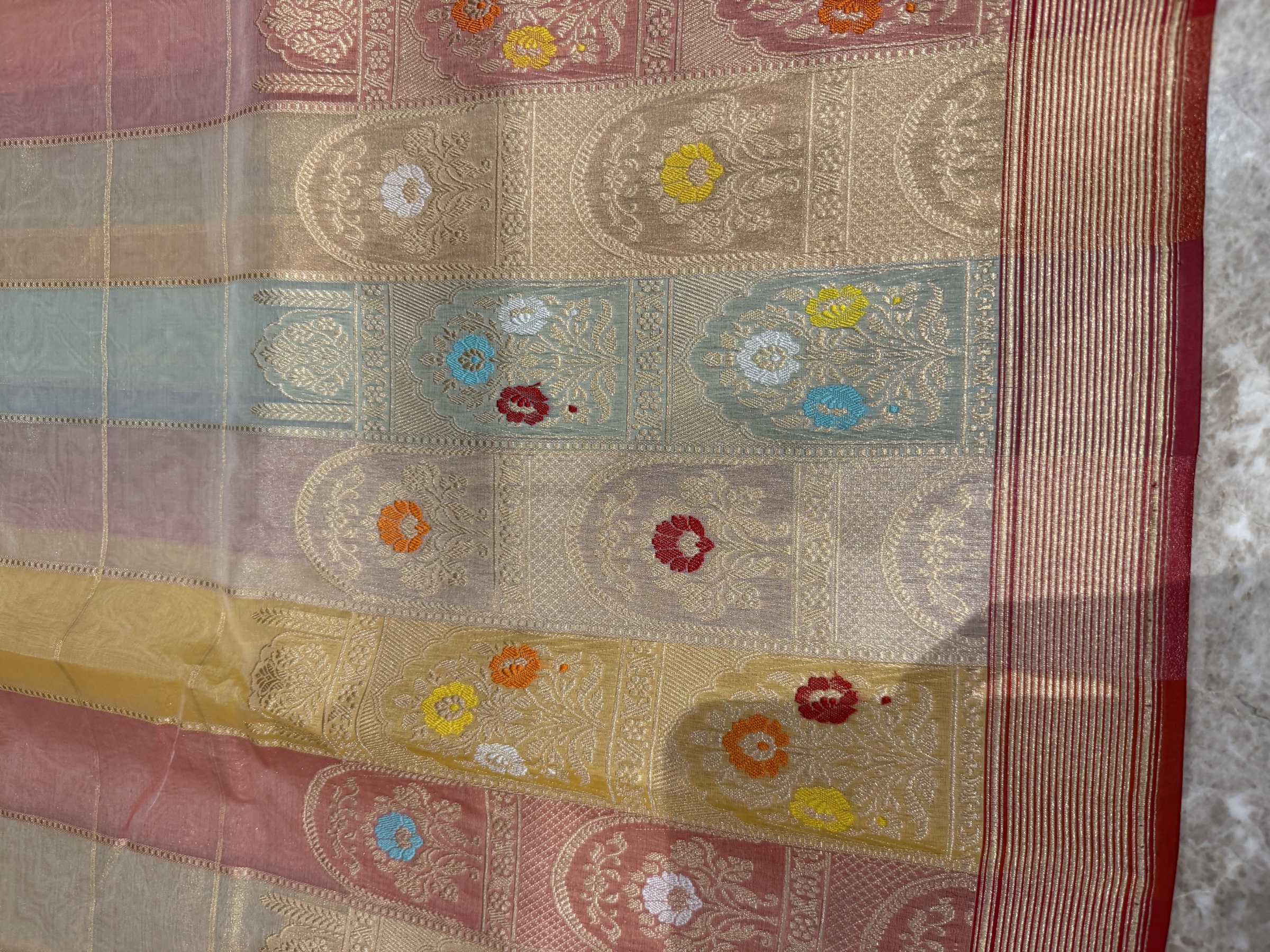 Kora Silk Tissue Pastel Rangkaat Banarasi with Kaduwa Meenakari Zari — Banarasi, Kora Silk Tissue, Varanasi, Uttar Pradesh, view 12