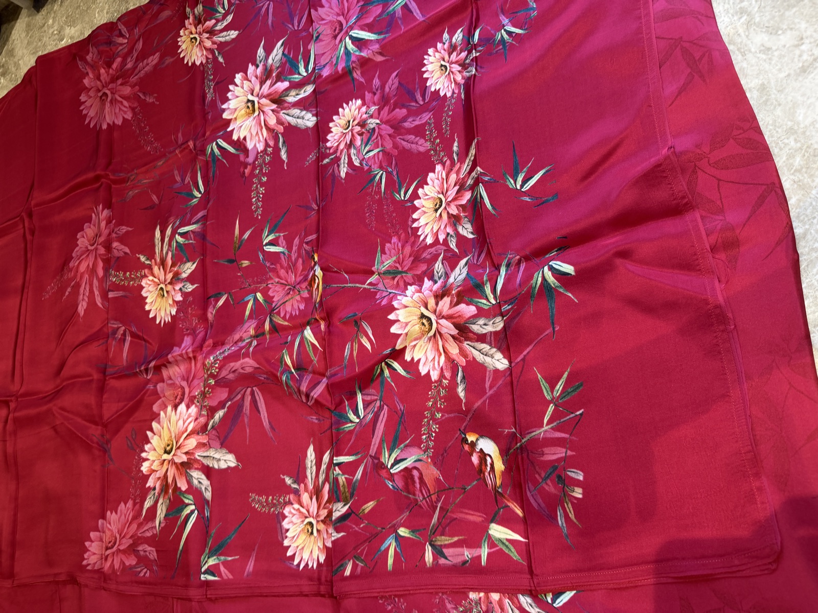 Rani Pink Crepe Digital Print Unstitched Suit Set with Matka Tussar Pants — Crepe, India, view 2