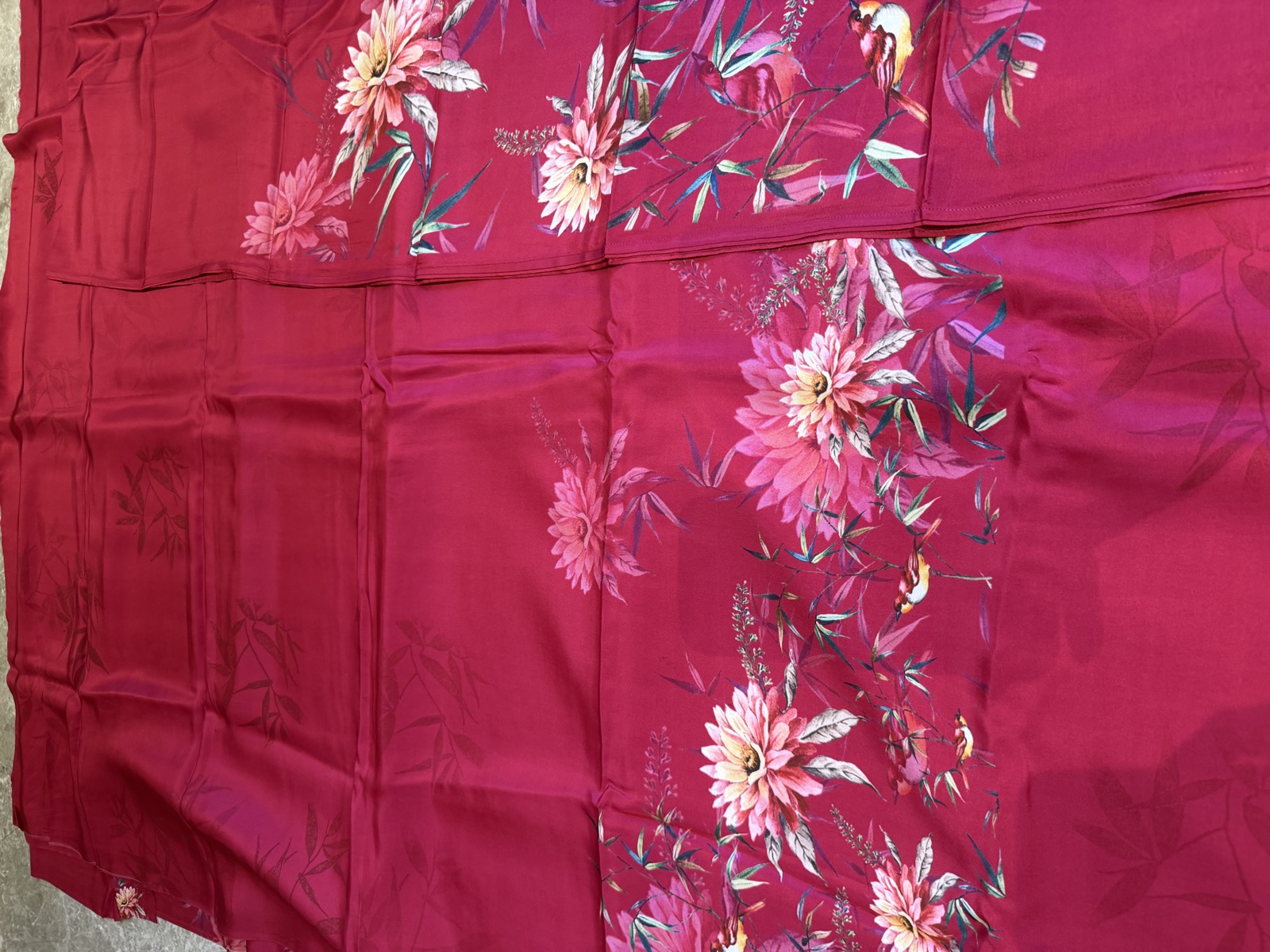 Rani Pink Crepe Digital Print Unstitched Suit Set with Matka Tussar Pants — Crepe, India, view 4
