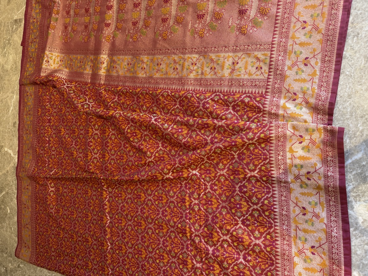 Rani Pink Ektara Katan Silk Cutwork Jamdani Banarasi Saree — Banarasi, Ektara Katan Silk, Varanasi, Uttar Pradesh, view 9