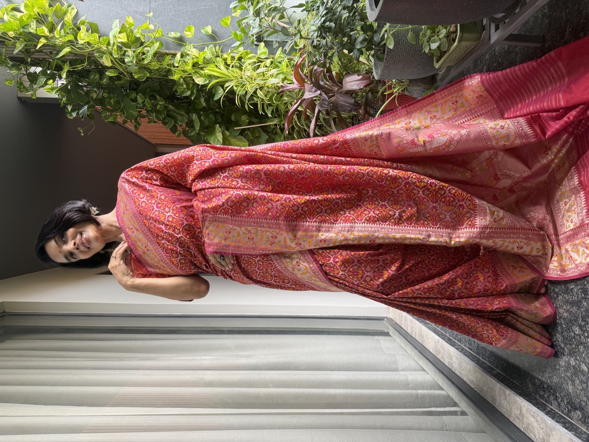 Rani Pink Ektara Katan Silk Cutwork Jamdani Banarasi Saree — Banarasi, Ektara Katan Silk, Varanasi, Uttar Pradesh, view 7