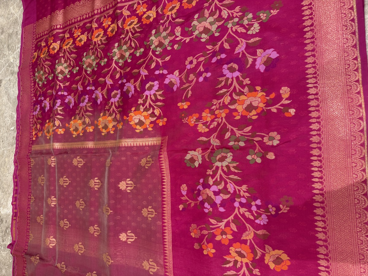 Rani Pink Kora Silk Banarasi Saree with Meenakari Floral Border — Banarasi, Kora Silk & Katan Silk, Varanasi, Uttar Pradesh, view 8