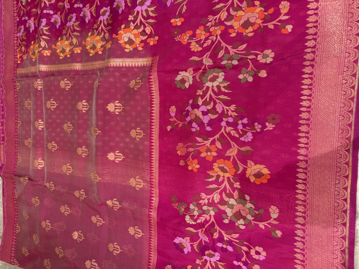 Rani Pink Kora Silk Banarasi Saree with Meenakari Floral Border — Banarasi, Kora Silk & Katan Silk, Varanasi, Uttar Pradesh, view 9