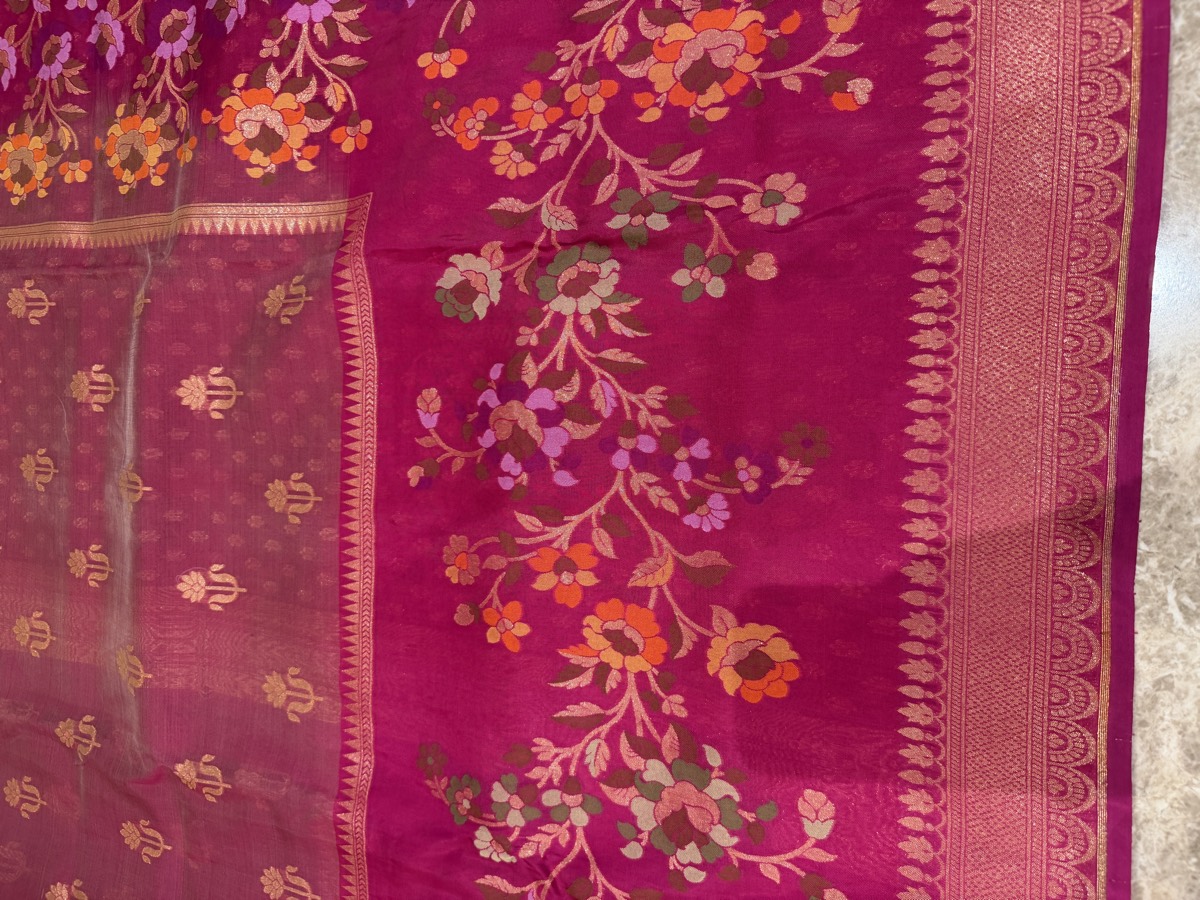 Rani Pink Kora Silk Banarasi Saree with Meenakari Floral Border — Banarasi, Kora Silk & Katan Silk, Varanasi, Uttar Pradesh, view 10