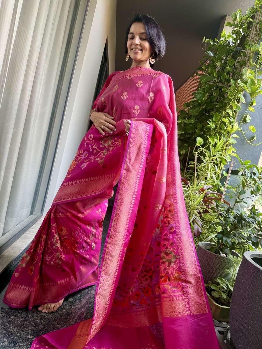 Rani Pink Kora Silk Banarasi Saree with Meenakari Floral Border — Banarasi, Kora Silk & Katan Silk, Varanasi, Uttar Pradesh, view 4