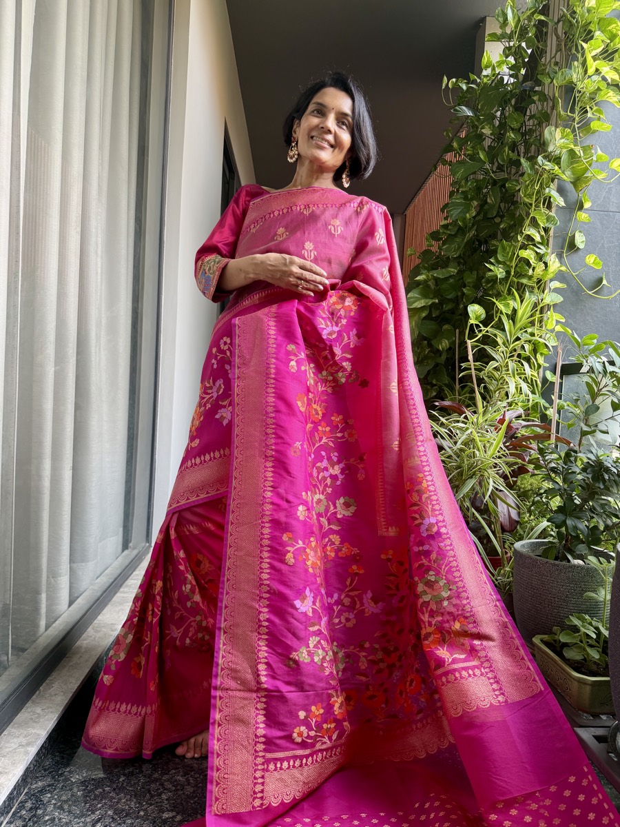 Rani Pink Kora Silk Banarasi Saree with Meenakari Floral Border — Banarasi, Kora Silk & Katan Silk, Varanasi, Uttar Pradesh