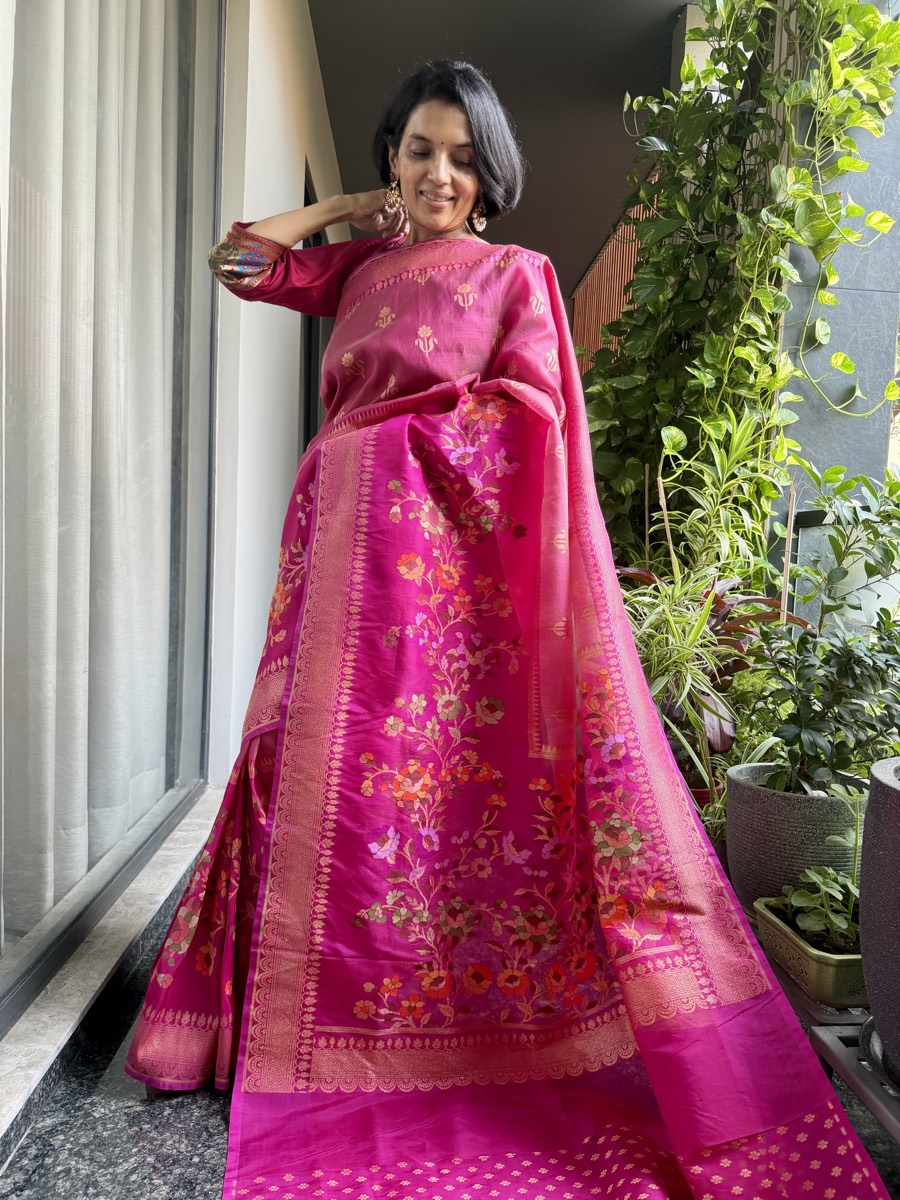 Rani Pink Kora Silk Banarasi Saree with Meenakari Floral Border — Banarasi, Kora Silk & Katan Silk, Varanasi, Uttar Pradesh, view 5