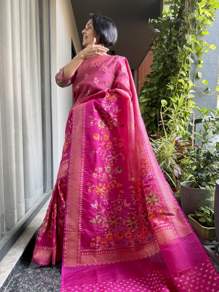 Rani Pink Kora Silk Banarasi Saree with Meenakari Floral Border — Banarasi, Kora Silk & Katan Silk, Varanasi, Uttar Pradesh, view 6