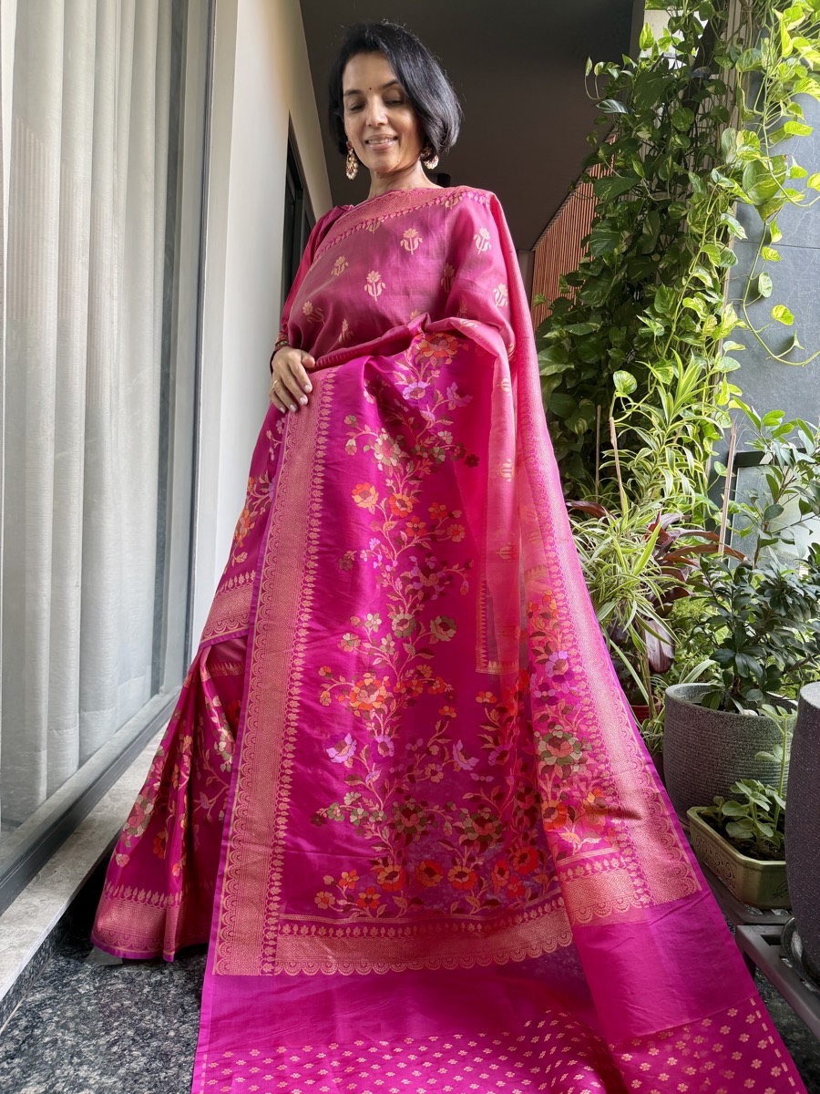 Rani Pink Kora Silk Banarasi Saree with Meenakari Floral Border — Banarasi, Kora Silk & Katan Silk, Varanasi, Uttar Pradesh, view 3