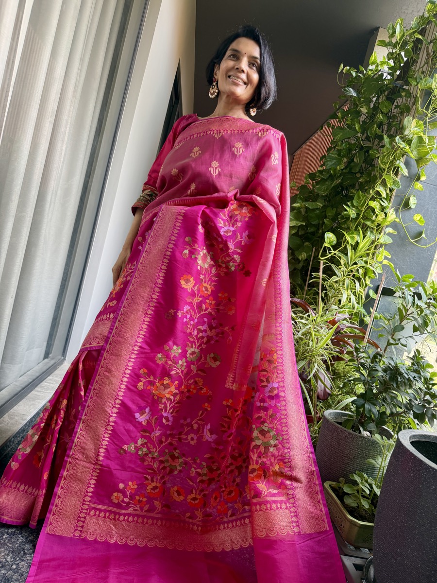 Rani Pink Kora Silk Banarasi Saree with Meenakari Floral Border — Banarasi, Kora Silk & Katan Silk, Varanasi, Uttar Pradesh, view 7
