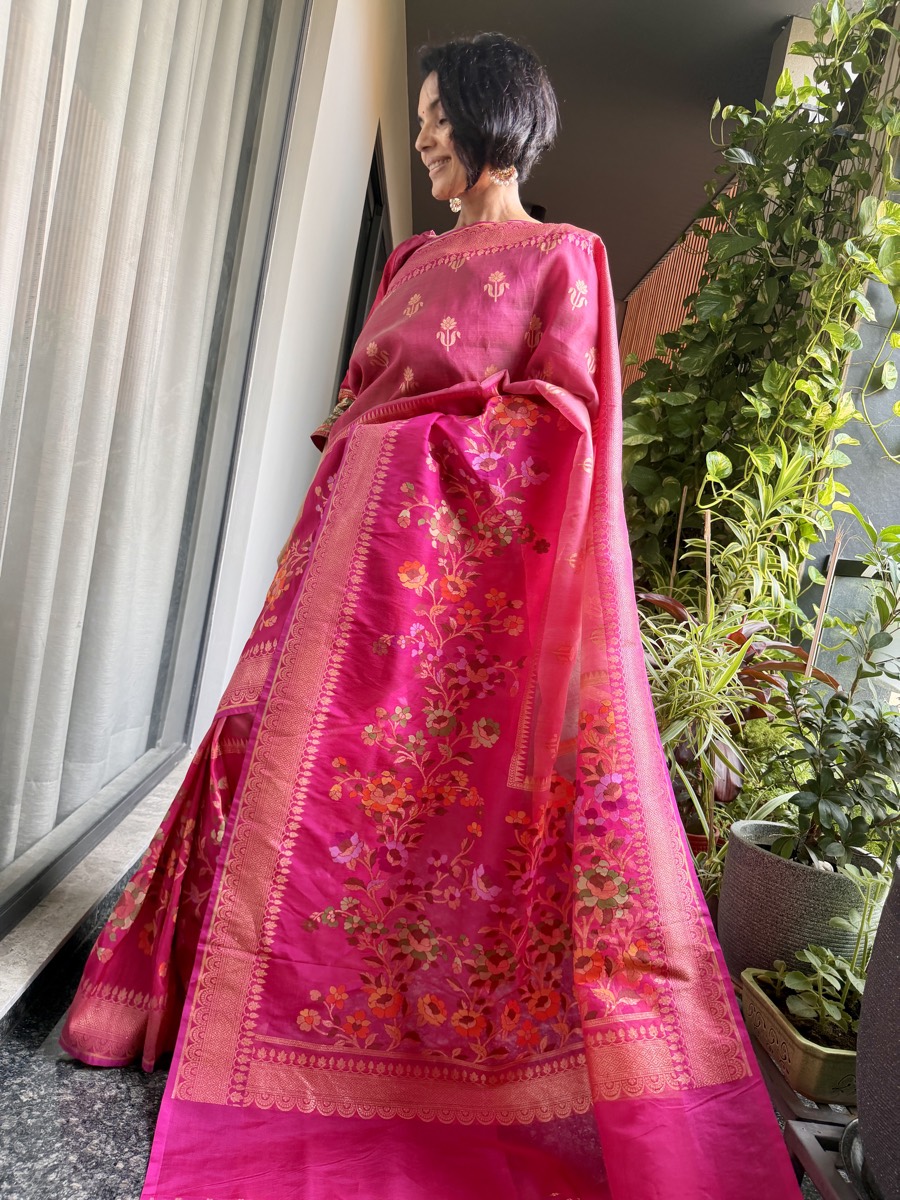 Rani Pink Kora Silk Banarasi Saree with Meenakari Floral Border — Banarasi, Kora Silk & Katan Silk, Varanasi, Uttar Pradesh, view 2