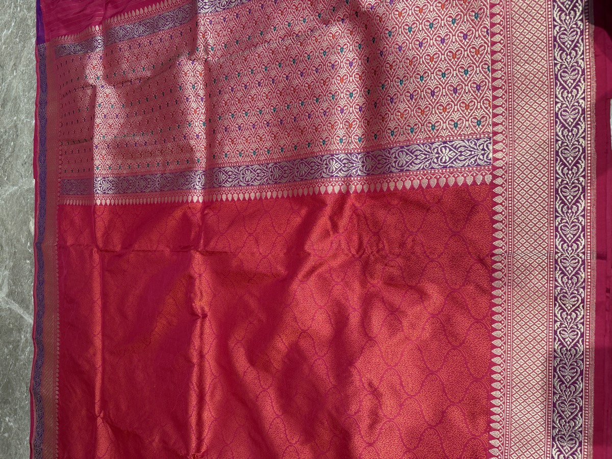 Rani Pink Silk Tanchoi Banarasi Saree with Kaduwa Meenakari Border & Pallu — Banarasi, Silk, Varanasi, Uttar Pradesh, view 4