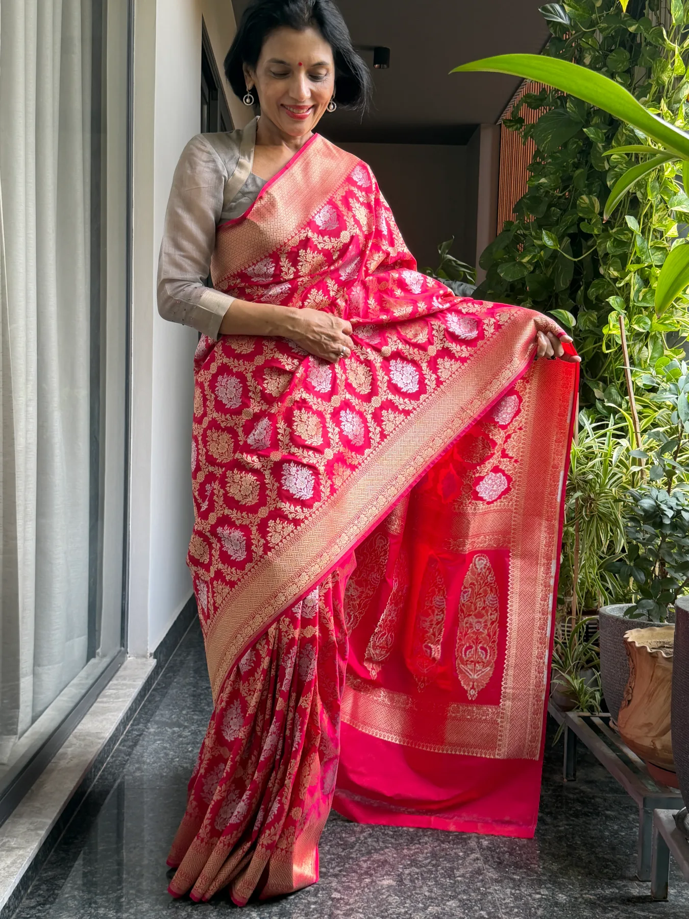 Rani Pink Sona-Rupa Katan Silk Floral Banarasi Saree — Banarasi, Katan Silk, view 2