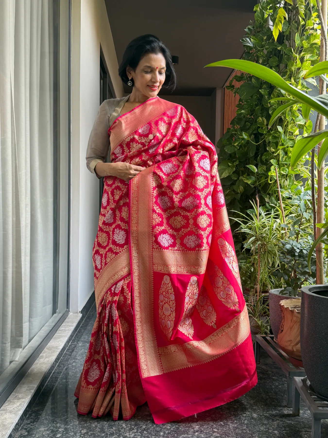 Rani Pink Sona-Rupa Katan Silk Floral Banarasi Saree — Banarasi, Katan Silk, view 4
