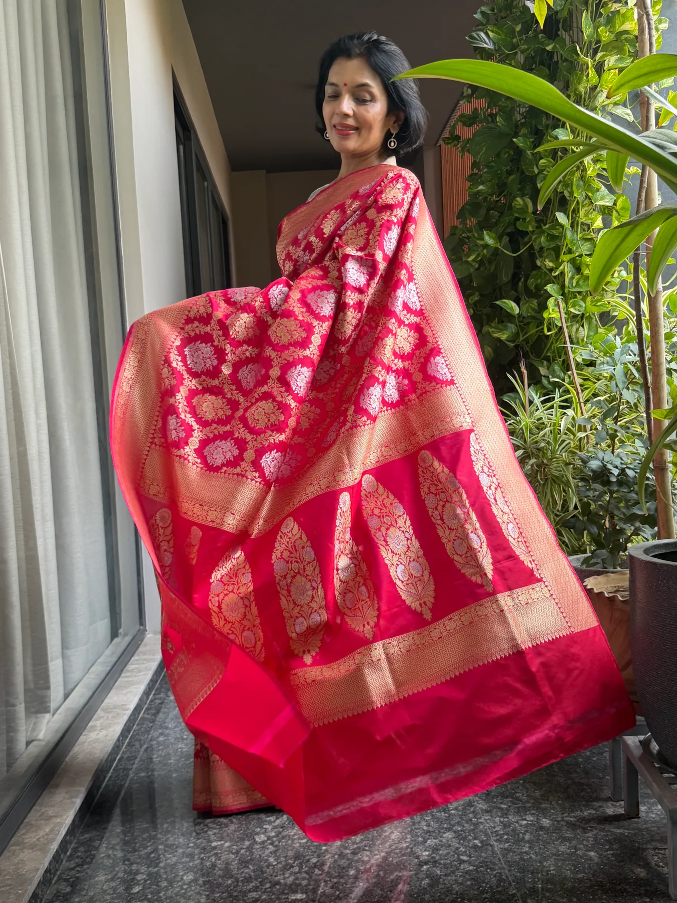 Rani Pink Sona-Rupa Katan Silk Floral Banarasi Saree — Banarasi, Katan Silk, view 5