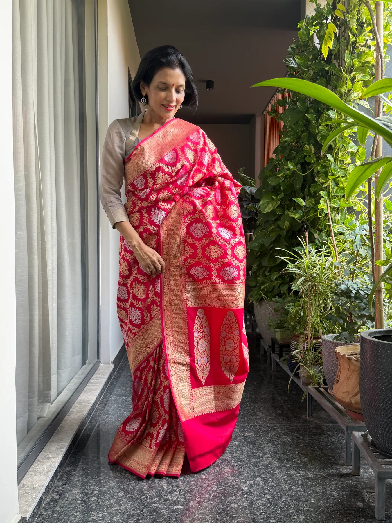 Rani Pink Sona-Rupa Katan Silk Floral Banarasi Saree — Banarasi, Katan Silk, view 3