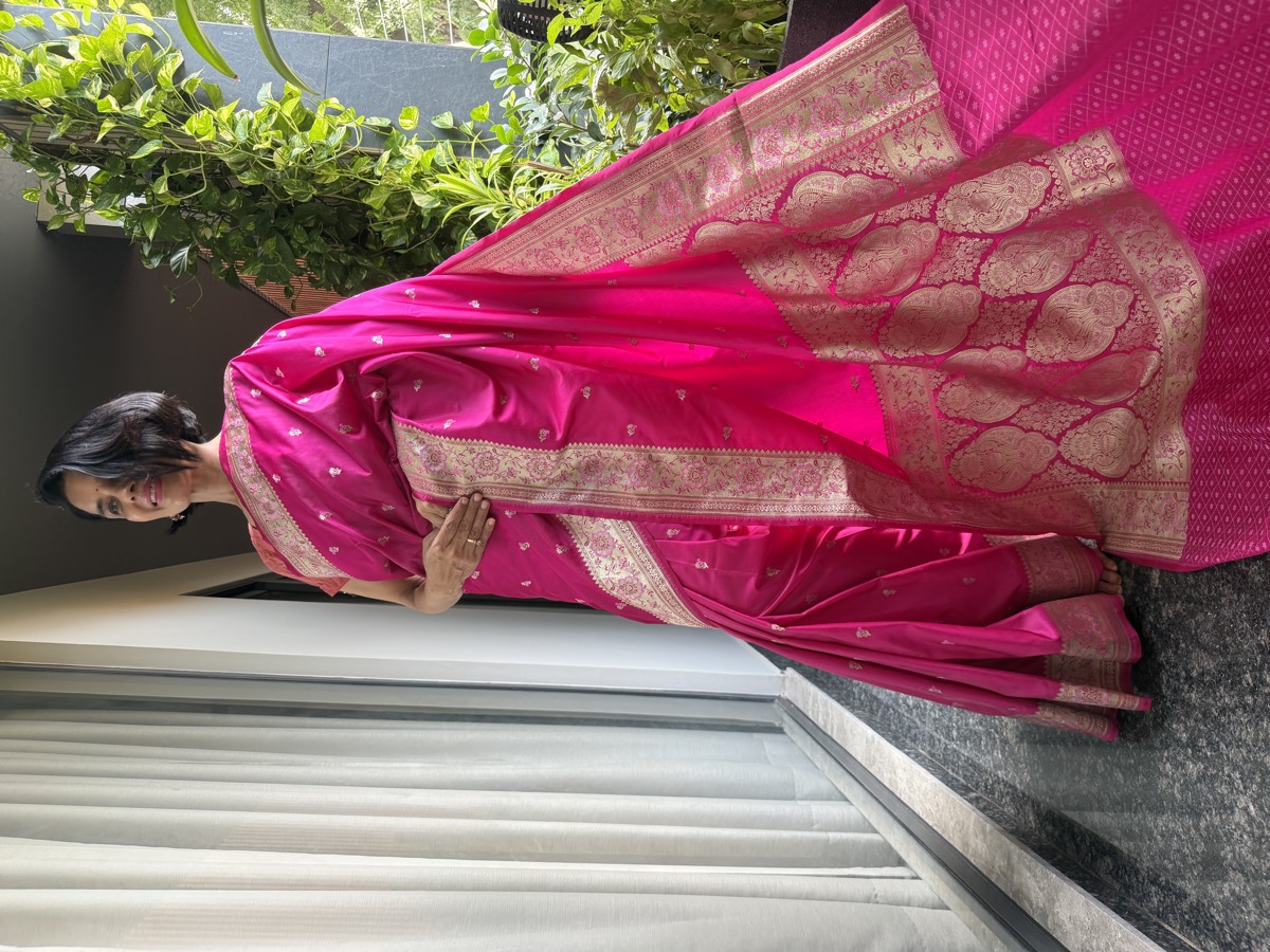 Rani Pink Vintage-Inspired Mushroo Silk Banarasi Saree — Banarasi, Mushroo Silk, Varanasi, Uttar Pradesh, view 4