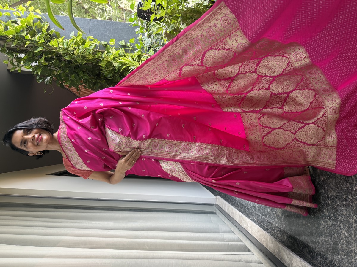 Rani Pink Vintage-Inspired Mushroo Silk Banarasi Saree — Banarasi, Mushroo Silk, Varanasi, Uttar Pradesh, view 3
