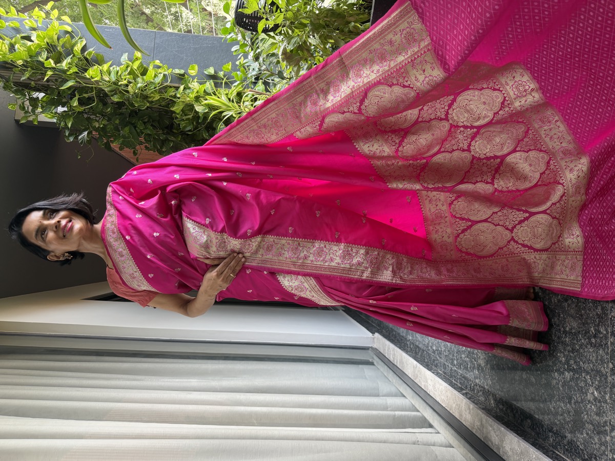 Rani Pink Vintage-Inspired Mushroo Silk Banarasi Saree — Banarasi, Mushroo Silk, Varanasi, Uttar Pradesh, view 2