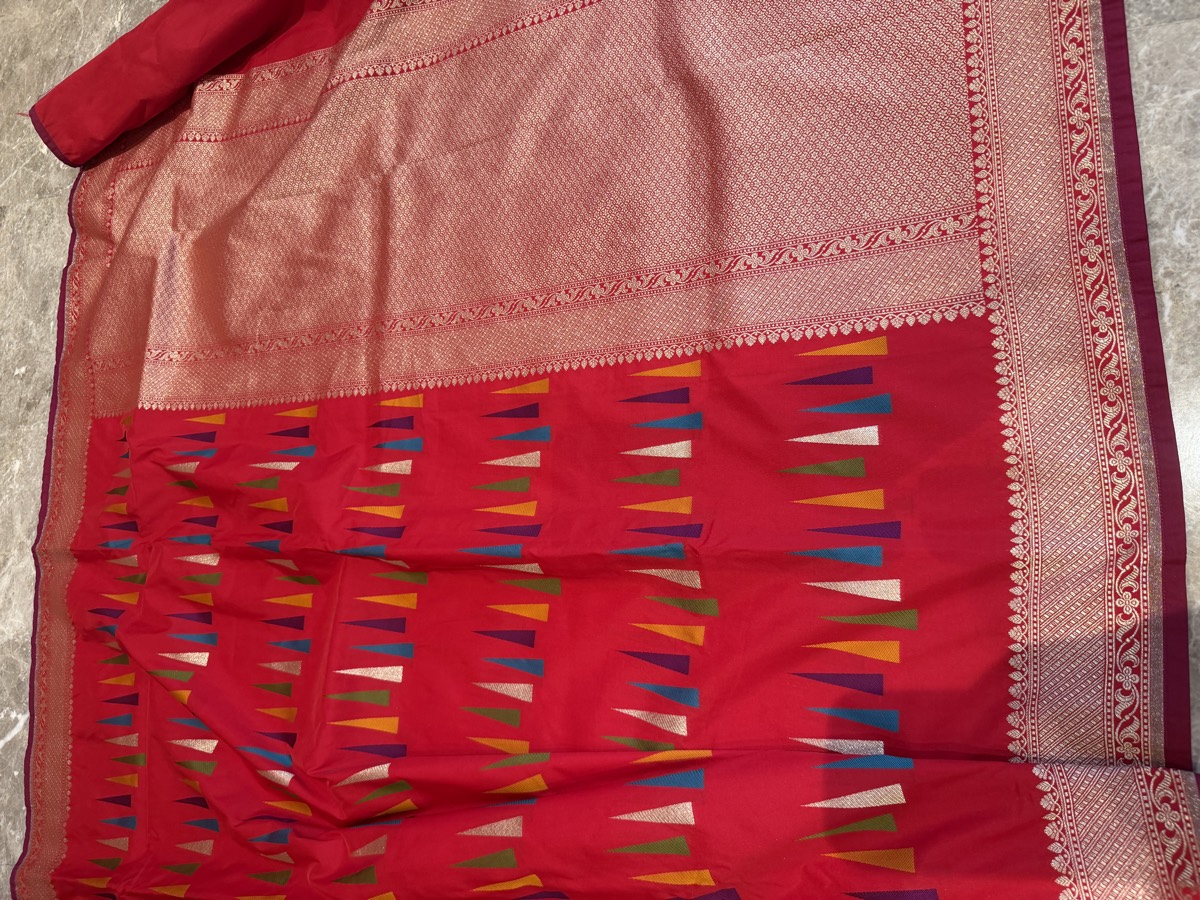 Red Ektara Katan Silk Multi-Meena Geometric Banarasi Saree — Banarasi, Ektara Katan Silk, Varanasi, Uttar Pradesh, view 7