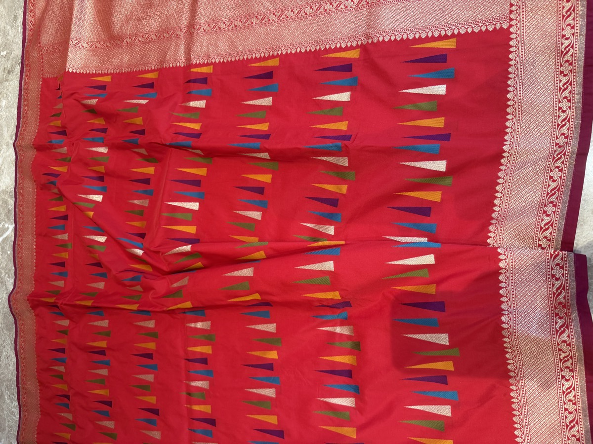 Red Ektara Katan Silk Multi-Meena Geometric Banarasi Saree — Banarasi, Ektara Katan Silk, Varanasi, Uttar Pradesh, view 8