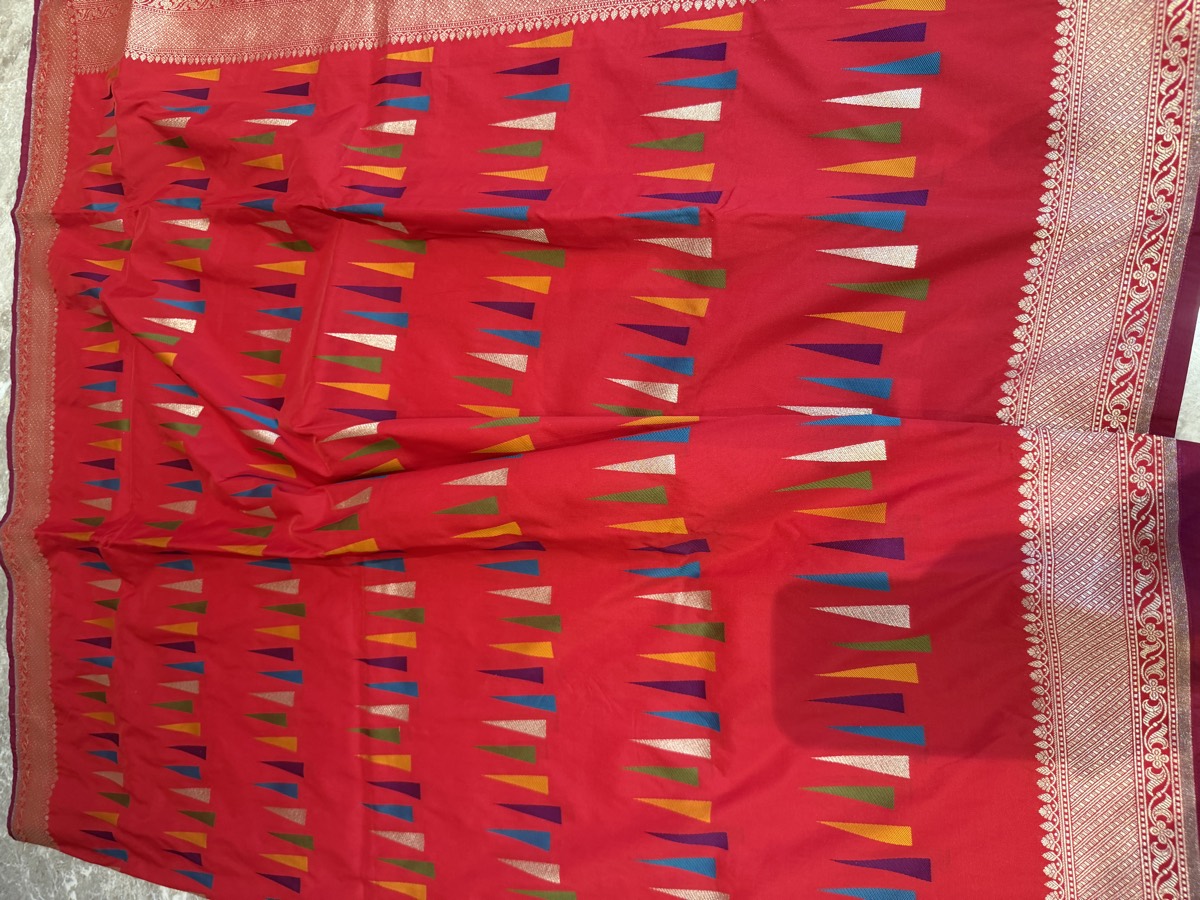Red Ektara Katan Silk Multi-Meena Geometric Banarasi Saree — Banarasi, Ektara Katan Silk, Varanasi, Uttar Pradesh, view 9